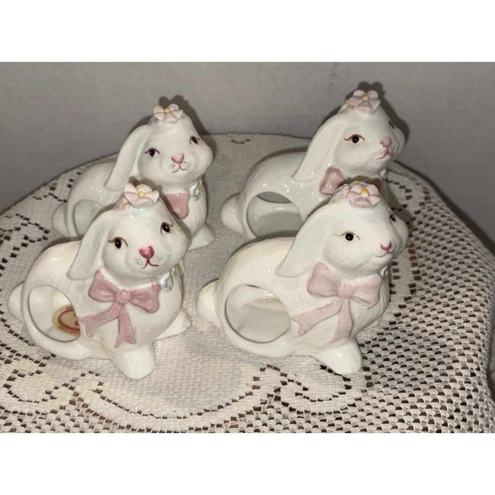 Pia Bone China Hand Painted Rabbit Napkin Rings Set of 4 Easter Flower